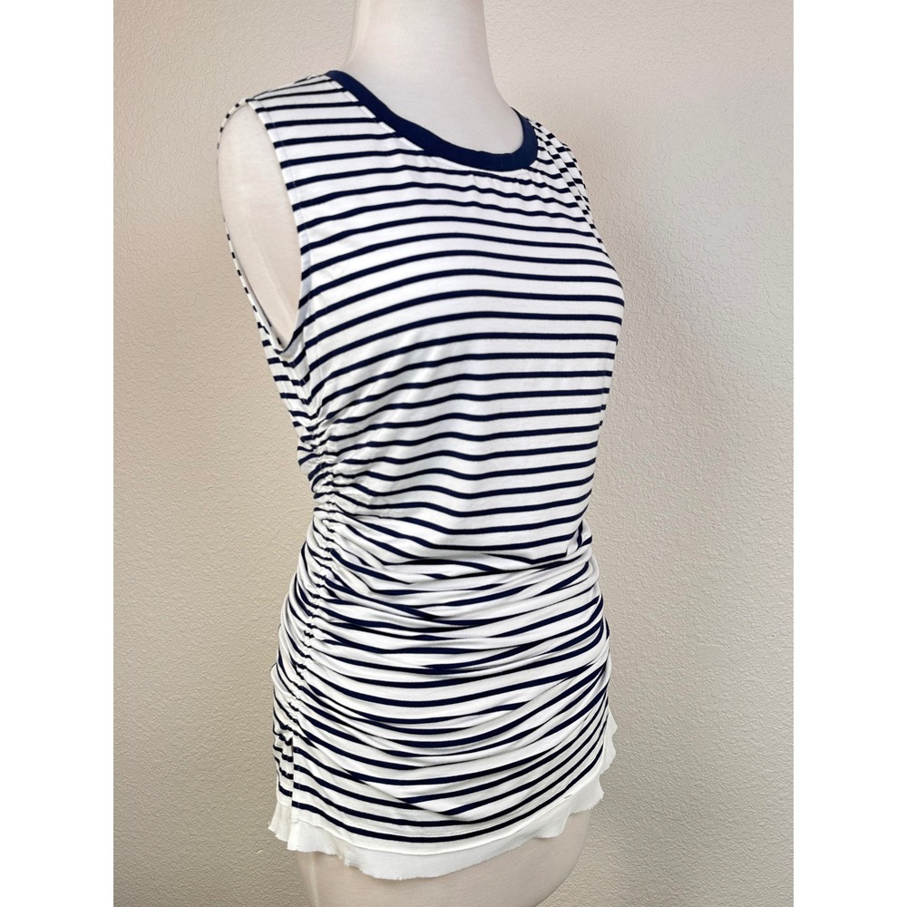NWT Kobi Halperin Navy White Striped Ruched Coastal‎ Sleeveless Stretch Blouse M